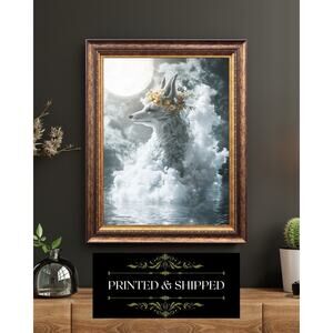Mystical Fox With Flower Crown Under Moonlight Fantasy Animal Wall Art Print